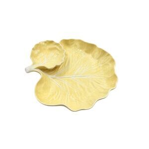 Bordallo Pinheiro Yellow Cabbage Leaf Chip & Dip Platter Portugal 9.25"
